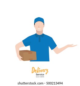 Delivery man showing empty open palm (hand), courier service concept - vector icon