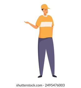 Delivery man showing something with hand and smiling wearing uniform and cap, logistics and delivery service illustration