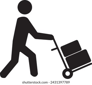 Delivery man silhouette carrying boxes with a trolley, Vector icon isolated on white background.