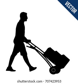 Delivery man silhouette carrying boxes with a trolley on white background, vector illustration