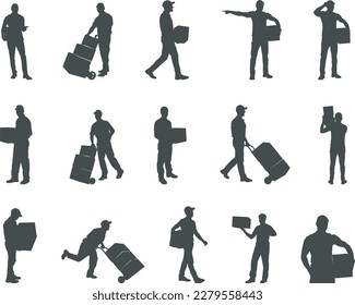 Delivery man silhouette, Courier service silhouettes, Delivery man carrying boxes, Delivery man SVG svg