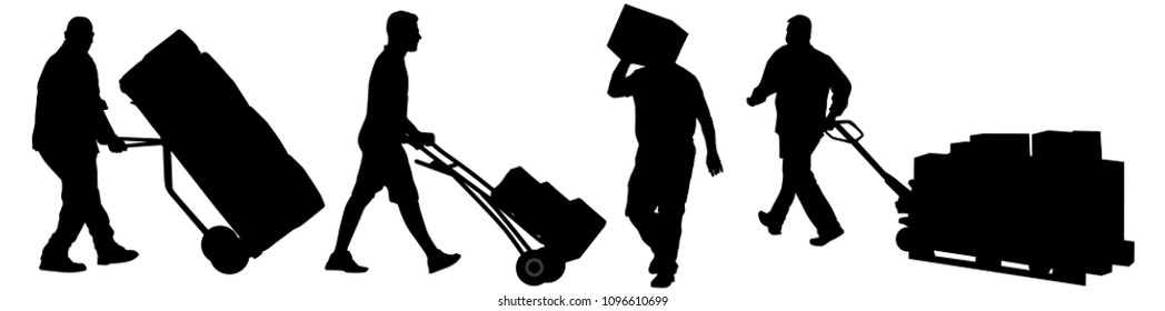 Delivery man silhouettes carrying boxes on white background, vector illustration