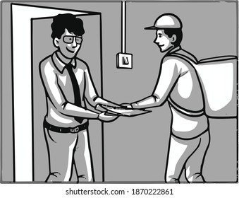 Delivery man simple black and white illustration.