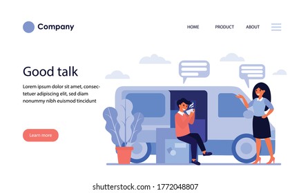 Delivery man sitting on boxes and drinking coffee. Woman talking to courier at his van flat vector illustration. Delivery concept for banner, website design or landing web page