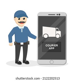 delivery man with smartphone delivery app design character on white background