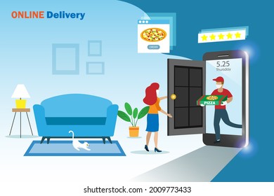 Delivery man from smartphone screen sending pizza to customer wearing face mask at home. Online safety shopping and delivery service during covid-19 pandemic.