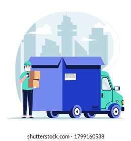 Delivery man with smartphone and two parcel on the background of the truck box parcel. Flat design vector illustration