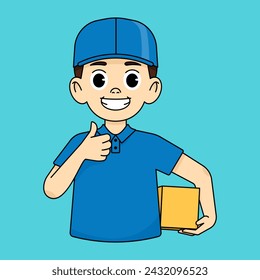 Repartidor sonriente en el uniforme de trabajo azul de la caja de retención, otra mano levantada con el pulgar hacia arriba
