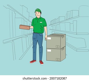 Delivery man. Smiling courier in green uniform holding a box at ware house. Hand drawn style vector design illustrations.