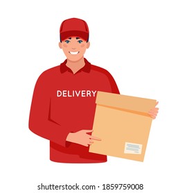 Delivery man. Smiling courier in red uniform holding a box. Flat vector illustration isolated on white background.