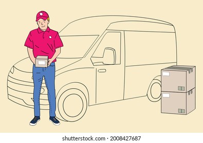 Delivery man. Smiling courier in red uniform holding a box at ware house. Hand drawn style vector design illustrations.
