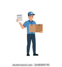 Delivery man smiling, holding a shipping box and raising document paper in hand, symbolizing proof of delivery - Powered by Shutterstock - Get 15% off with code: PIKWIZARD15