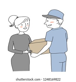 Delivery man smiling and sending parcel to recipient.  Satisfied female customer receiving package from delivery man. Happy woman receiving her order goods from delivery service. Door-to-door service.
