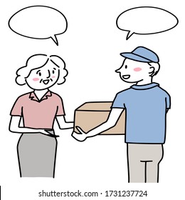 Delivery man smiling and sending parcel to recipient. Satisfied female customer receiving package from delivery man. Senior woman receiving her order goods from delivery service. Door-to-door service.