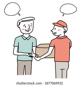 Delivery man smiling and sending parcel to recipient. Satisfied male customer receiving package from delivery man. Senior man receiving his online shopping products from delivery service.