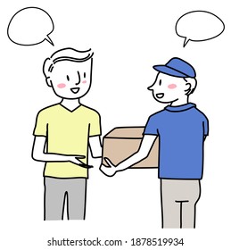 Delivery man smiling and sending parcel to satisfied recipient. Happy male customer receiving package from delivery man. Young man receiving his online shopping products from delivery service.