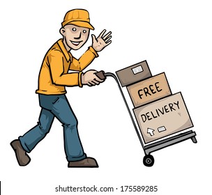 Delivery man with some boxes, waving, vector illustration