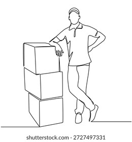 Hombre de entrega y cajas apiladas un dibujo de línea. Hombre de entrega y cajas apiladas ilustración de una sola línea. Hombre de entrega y cajas apiladas arte de línea minimalista