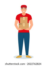 Delivery Man Stand And Holding A Goods Parcel. Eps 10