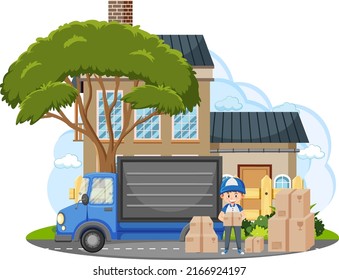 Delivery man standing in front of a house illustration