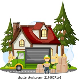 Delivery man standing in front of a house illustration