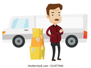 Delivery man standing in front of truck. Homeowner unloading cardboard boxes from delivery truck. Caucasian worker of delivery service. Vector flat design illustration isolated on white background.