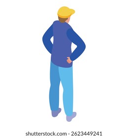 Delivery man is standing with his hands on his hips, looking at something in the distance