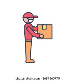 delivery man standing and holding a package icon over white background, line and fill style, vector illustration