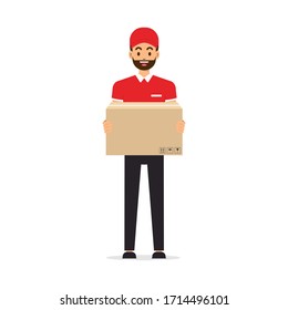 Delivery man standing with holding packed. vector illustration