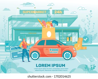 Delivery Man Standing near Car with Paper Bag with Products on Roof. Worker in Uniform Preparing Order for Client or Customer. Credit Card, Coin Pile Supermarket Building Cartoon Vector Illustration.