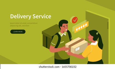 Delivery Man standing near Door and Giving Parcel Box to Customer. Courier in Uniform Delivering Package. Man Holding Cardboard Box. Online Delivery Service Concept. Flat Isometric Illustration.