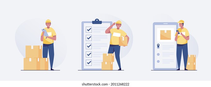 delivery man standing with parcel box and list of parcels. Vector illustration