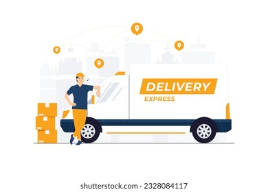 Delivery man standing while leaning on truck with cardboard boxes courier shipping order concept illustration