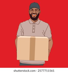 A delivery man stands at a doorstep, holding a package ready for delivery. He is dressed in professional attire, friendly and reliable, and in a welcoming residential environment.