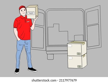 The delivery man stands in front of the delivery car, ready to deliver the goods. Hand drawn style vector design illustrations.