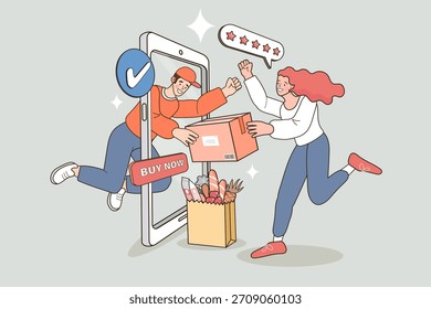 Entrega homem saindo da tela do smartphone dando pacote para cliente feliz. Conceito de compras on-line rápidas, aplicação móvel e serviço de envio expresso. Ilustração vetorial do comércio eletrônico.