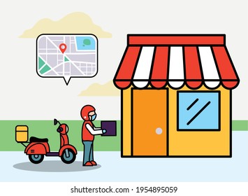 Tienda de reparto y motocicleta
