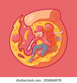 Delivery Man surfing on a Pizza slice. Transportation, job, food, funny design concept.