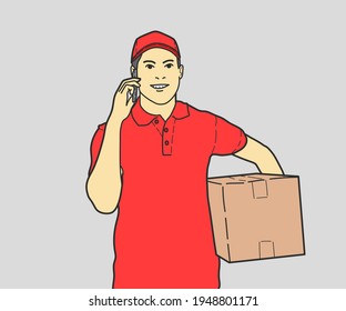 Delivery Man Talking on Phone with Box in Hands Watching in Camera
