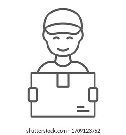 Icono de línea delgada, mensajero y entrega, gráficos vectoriales de cartón hombre, un icono lineal en un fondo blanco, pasos 10
