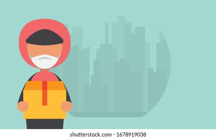  Delivery man in town background. vector flat design