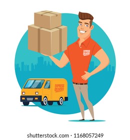 Delivery man and track. Flat design modern vector illustration concept.