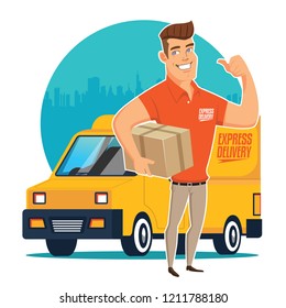 Delivery man and track. Flat design modern vector illustration concept.