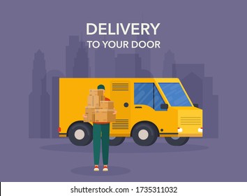 Delivery man and track. Flat design modern vector illustration concept.