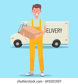 Delivery man and track. Flat design modern vector illustration concept.
