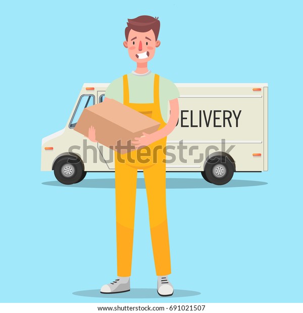 Delivery man and track. Flat design modern\
vector illustration\
concept.