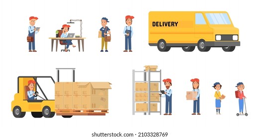 Delivery man. Transportation and logistic service. People work in warehouse. Young men and woman deliver parcels, food, purchases, decent vector set