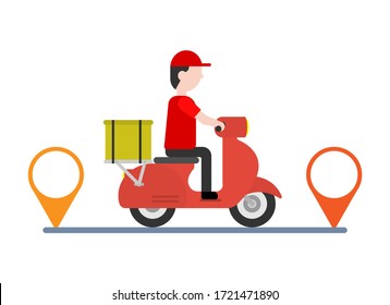 Delivery man. Transportations concept. Man ride motorcycle on line to pin. Isolated background. 
 