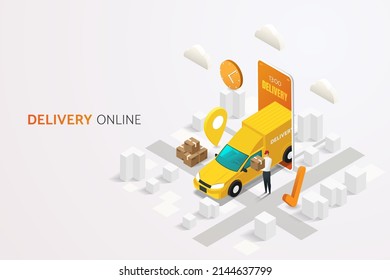 Delivery man with delivery truck and delivery box online delivery service on mobile phone screen on map background. isometric vector illustration