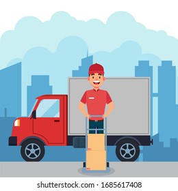 Delivery man with truck cartoon. vector illustration